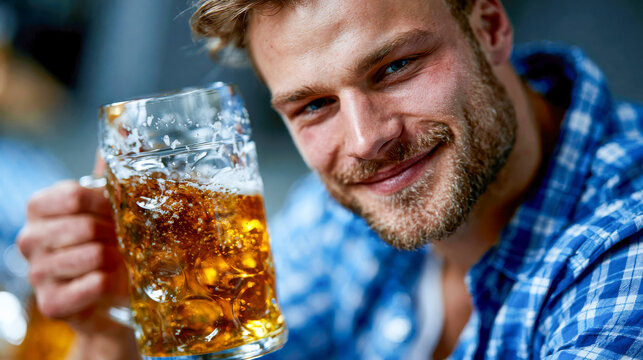 Smiling bearded man raises a cold beer mug toward the camera in a relaxed pub setting, expressing celebration, leisure, and enjoyment