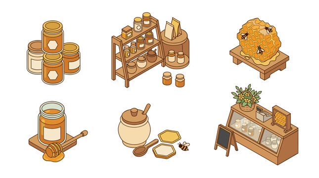 Cute Isometric Honey Shop Display with Jars, Honeycomb and Bees