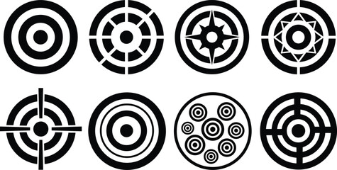 Target and crosshair icon set featuring shooting bullseye reticle and optical sight vector silhouettes © MdRasel