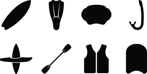 Water sports and beach activities icon set featuring black silhouettes of surfboard kayak paddle flipper and life jacket © MdRasel