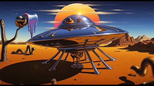 Surreal desert landscape with chrome UFO and clock.