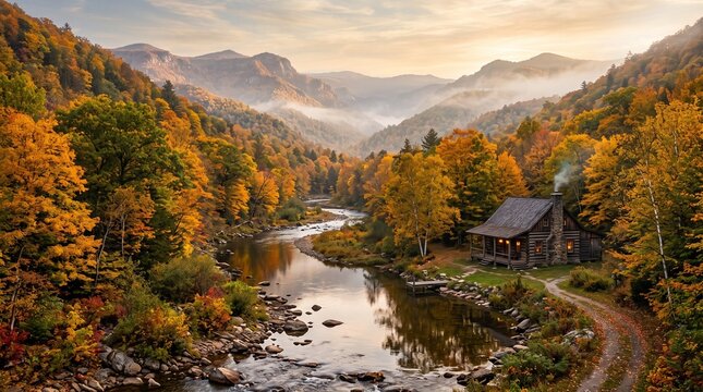 autumn wooden log cabin beside winding river, golden fall trees, mountains in background, 
morning mist, smoke from chimney, stone path, photorealistic, 8k, cinematic --ar 16:9