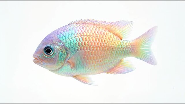 Colorful iridescent fish swimming on white background.