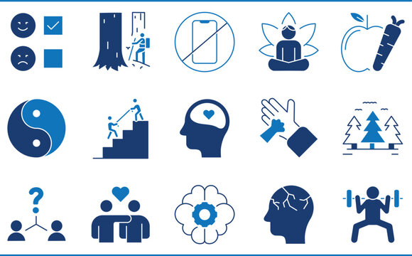 A set of icons related to stress management. Stress, meditation, workout, hiking, avoid smartphones, positive thinking, and so on.