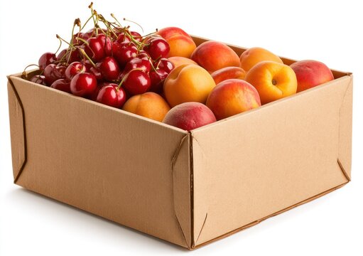 Abundant harvest of cherries and peaches in shipping box.