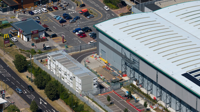 Hemel Hempstead, England, United Kingdom - 11 July 2026: Aerial view of Amazon AWS Data Storage Facility in Hemel Hempstead