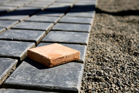 Concrete pavers and terracotta tile on gravel base.
