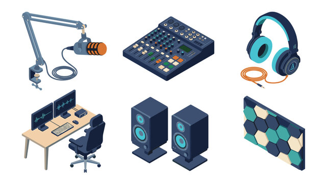 Home recording studio equipment isometric illustration