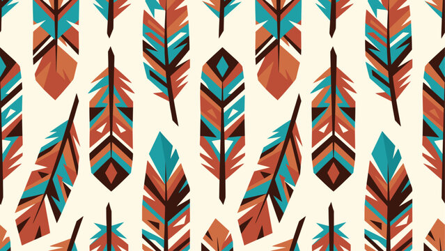 Geometric tribal feather pattern seamless background with teal, brown and orange arrow motifs. Flat vector illustration EPS 10.