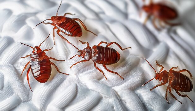 several bed bugs crawl on a white mattress the bugs are reddish brown and have dark spots