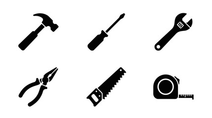 Naklejka premium Collection of six black silhouette icons representing common hand tools on a white background