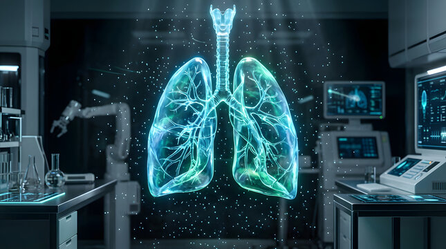 Glowing digital lung hologram inside dark high-tech facility.