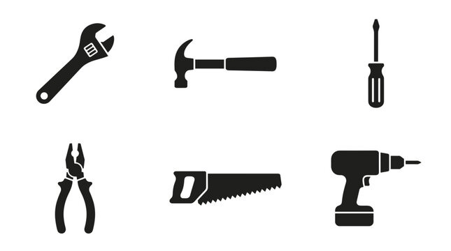 Collection of Black Silhouettes of Common Hand Tools