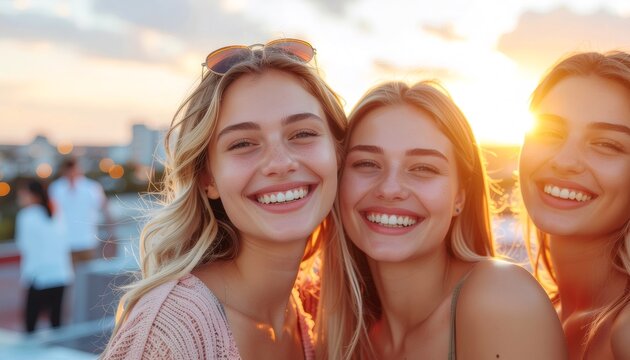 Happy young women celebrating friendship at sunset rooftop party