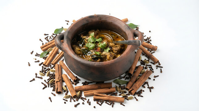 Traditional clay pot cooking with whole spices on white background. 