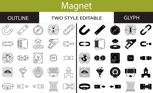 Magnet and Magnetic Force Contour and Black Glyph Vector Icon Collection for Physics Attraction Industry Science Education