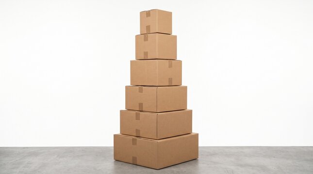 Stack of cardboard boxes of various sizes on a concrete floor