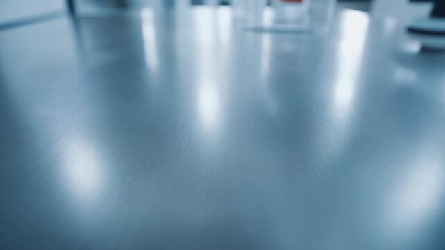 Minimalist macro close-up of a polished laboratory surface for pharmaceutical research presentations, medical science websites, and healthcare reports.