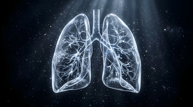Glowing digital lungs with light rays and particles