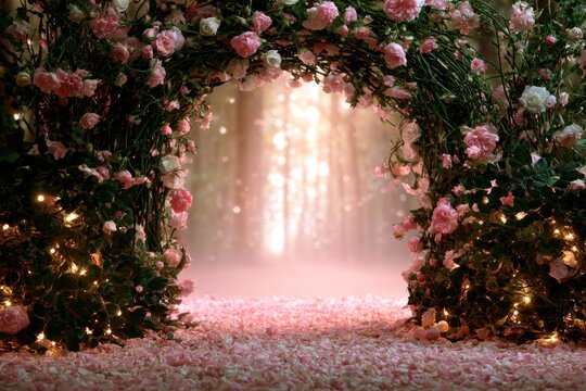 Pink rose floral arch in misty forest with lights.