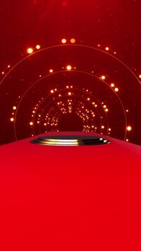 Red gold ceremony stage tunnel glowing concentric rings, bright particles, dramatic runway floor, elegant podium depth. award gala intros, celebration promos, luxury titles, event motion overlays.