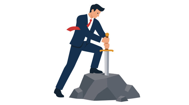 Determined businessman pulling a sword from a stone, bold vector illustration representing leadership, courage, authority, breakthrough achievement, ambition, power, and extraordinary success