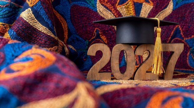 A Celebration of the Class of 84.4583333333333 A vibrant and festive graduation concept. A graduation cap is placed on a wooden 2027' number all set against a richly colored threaded background with