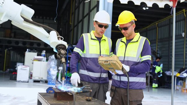 Team of engineers working together with advanced robotics in a contemporary manufacturing setting