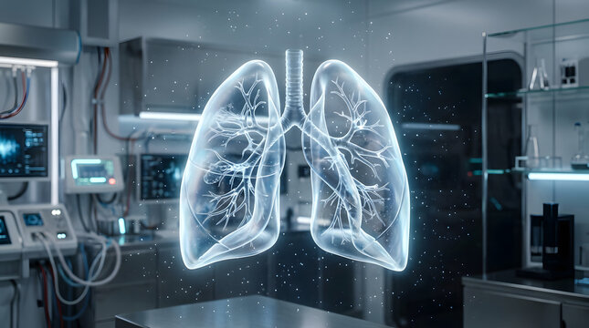 Glowing holographic human lungs in dark medical laboratory
