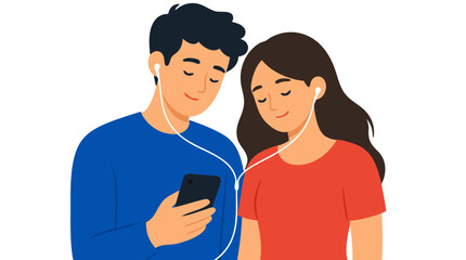 Obraz premium Warm flat vector illustration of a smiling young man and woman sharing earphones while listening to music from a smartphone, symbolizing friendship, romance, connection, harmony, and joyful