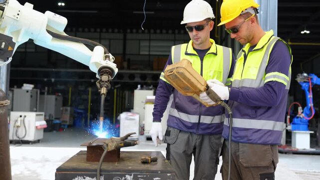 Engineers working together with an industrial robot in a state of the art manufacturing facility focused on quality assurance