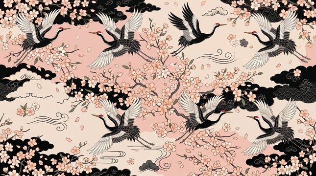 Japanese seamless pattern with flying cranes, cherry blossom sakura flowers, and oriental clouds