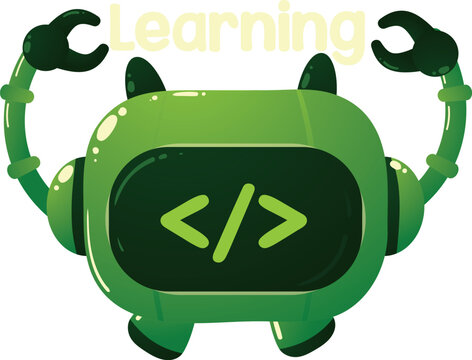 Green robot with coding symbols on its face
