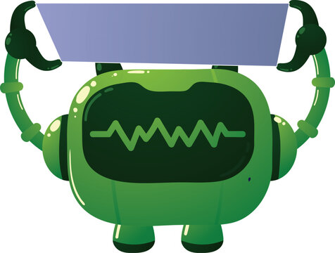 Green robot holds a sign with both arms