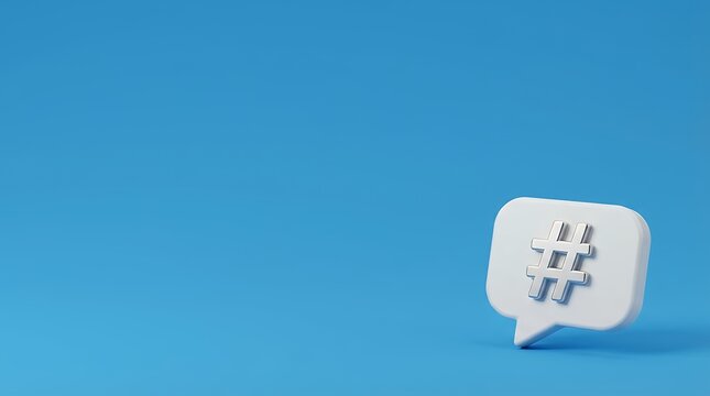 A clean three-dimensional speech bubble icon featuring a hashtag symbol set against a solid azure background. Ample copy space for messaging and social media concepts. chat bubble speech balloon