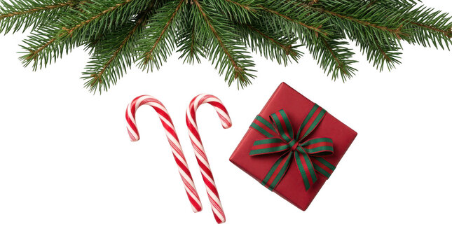 Candy canes and red gift box with pine branch isolated on transparent