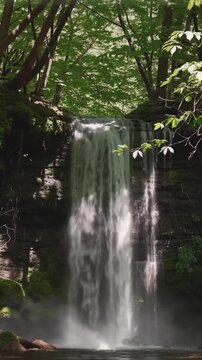 Waterfall in green forest slow motion, vertical