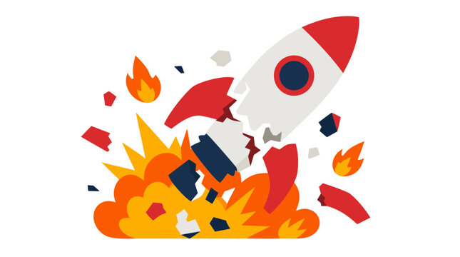 Crashing rocket exploding in flames as a vivid startup failure concept, bold flat vector illustration representing business collapse, failed launch, risk, disruption, loss, and recovery