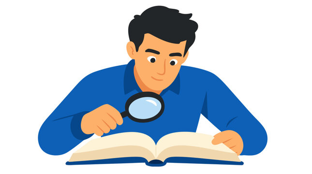 Curious man reading an open book through a magnifying glass, colorful flat vector illustration symbolizing education, detailed study, research, learning, discovery, and focused knowledge exploration