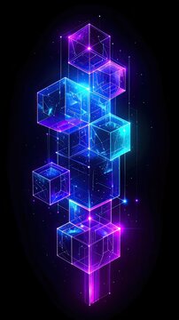 Abstract futuristic blockchain technology background with glowing neon data cubes.