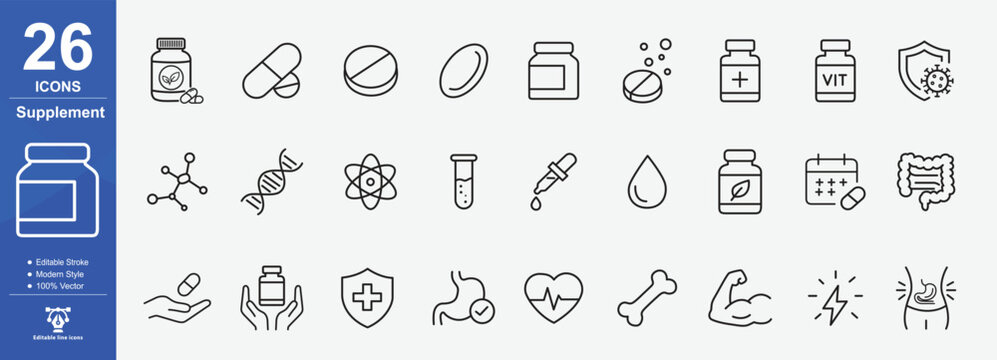 Supplement Icons Collection Line Style Vector Graphics Representing Vitamins Medicine And Healthcare Elements supplements health wellness nutrition