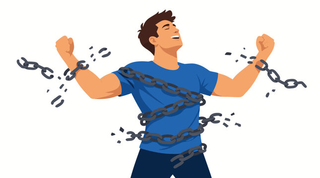 Determined man breaking through heavy chains wrapped around his body, expressing freedom, liberation, resilience, hope, empowerment, and triumph over emotional or social restrictions