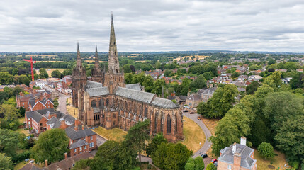 Obraz premium Aerial view of the beautiful ancient Cathedral in the UK City of Lichfield in Staffordshire
