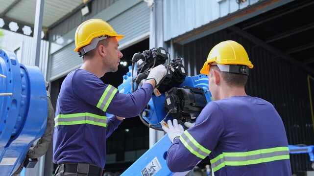 Engineers working together to maintain heavy machinery in an industrial environment