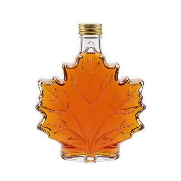 Glass bottle filled with sweet canadian maple syrup isolated on transparent background