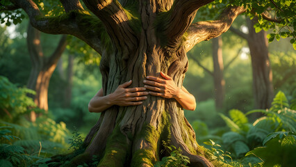 Fototapeta premium Person Hugging Ancient Forest Tree Trunk Symbolizing Nature Conservation Environmental Protection Sustainable Living and Human Connection with Earth