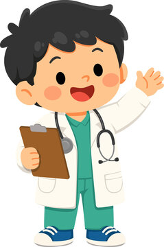 Adorable Young Boy Doctor Waving Hello Holding Clipboard