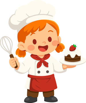 Happy Chef Child Presenting a Delicious Cake with Whisk