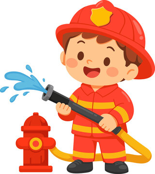 Child Firefighter Using Hose to Spray Water at Hydrant