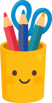 Cute Pencil Holder with Red Blue Teal Pencils and Scissors